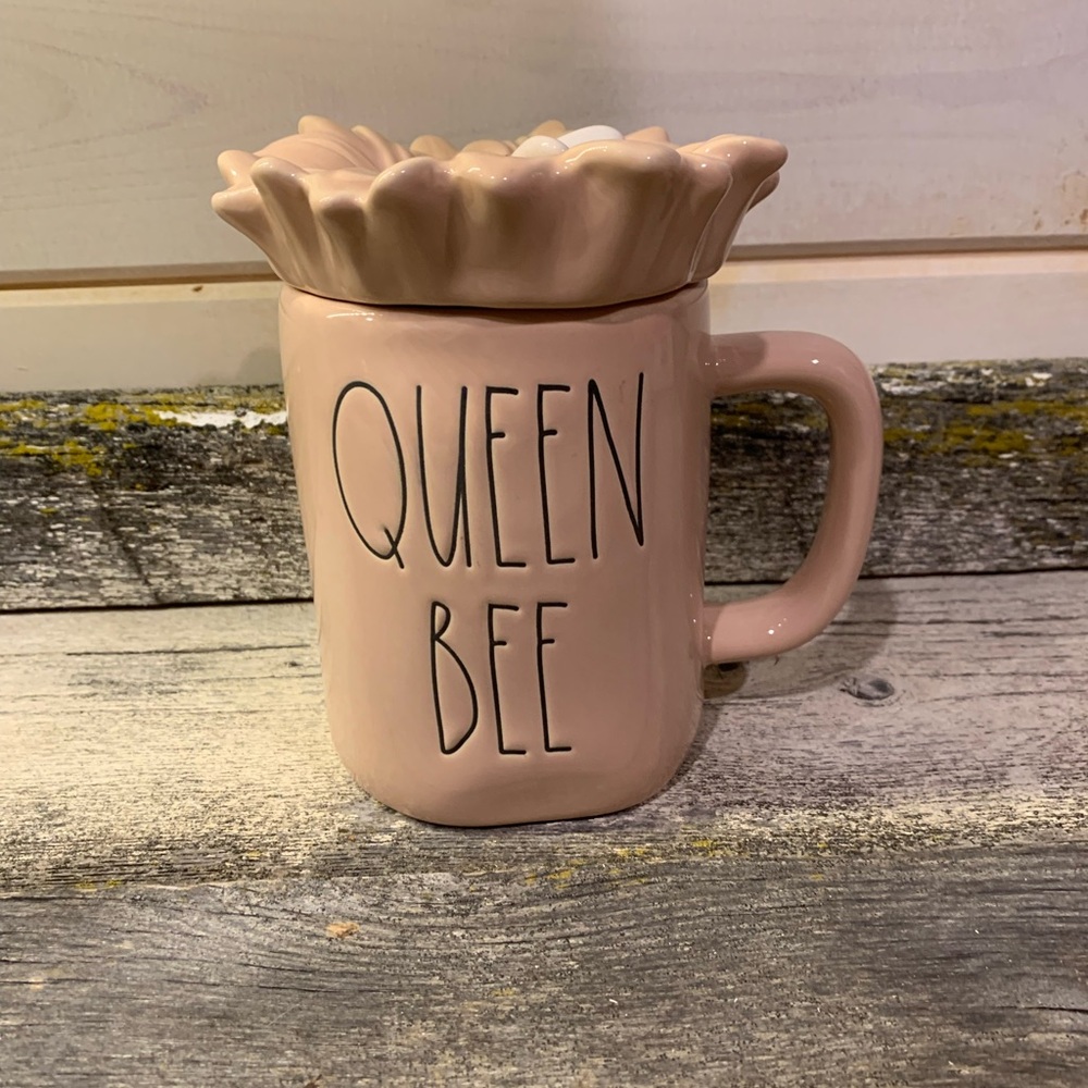 Rae Dunn | “Queen Bee” Pink Mug w Flower & Bee Topper